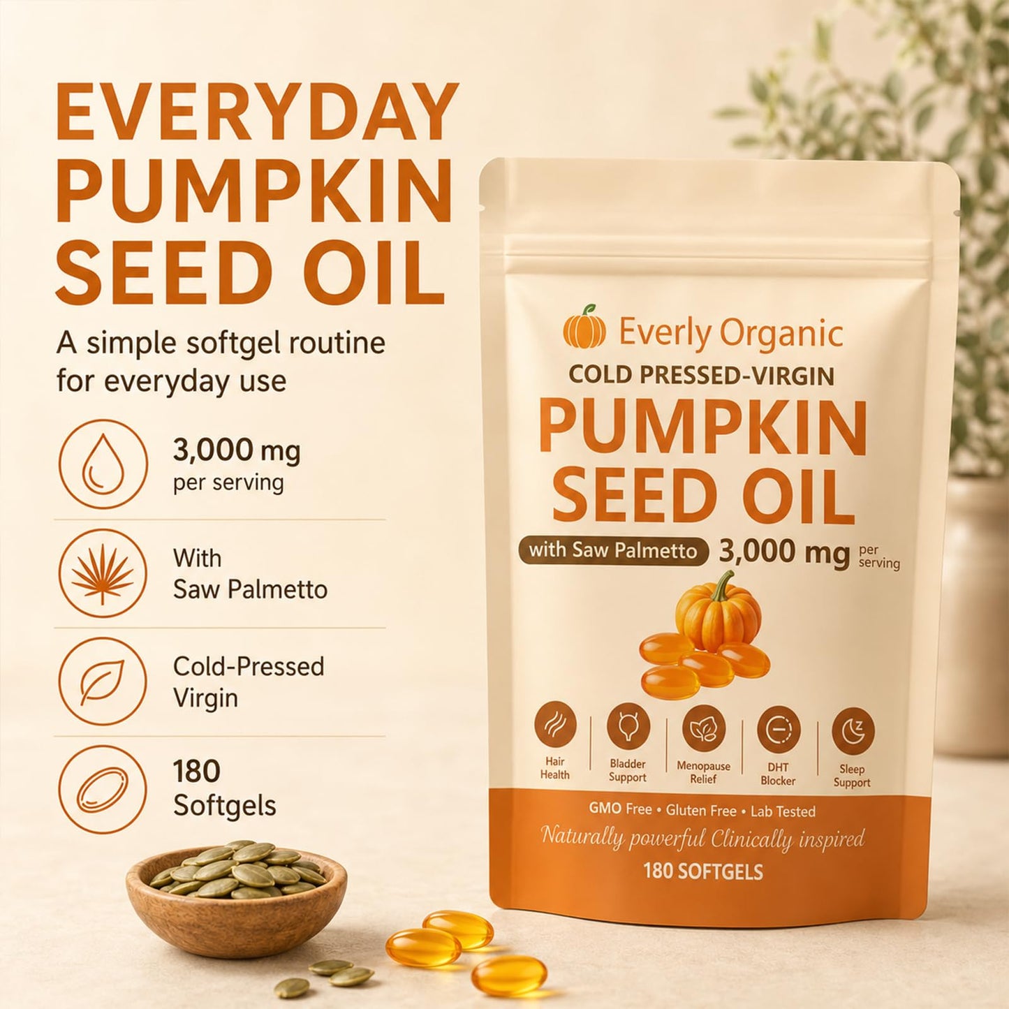 Everly Organic Pumpkin Seed Oil with Saw Palmetto Softgels, 180-count