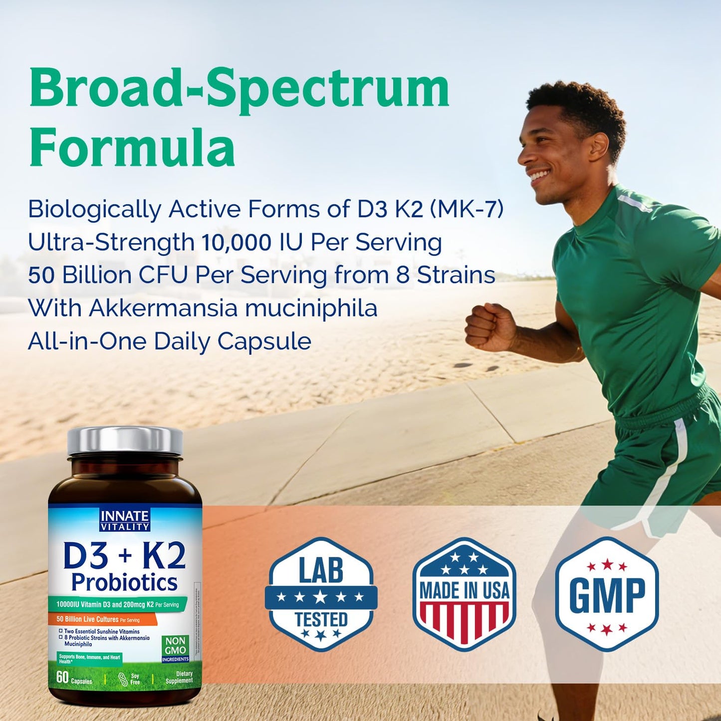 Innate Vitality D3 K2 Vitamin 10000IU + Probiotics, Akkermansia Muciniphila Capsule, 60 Count
