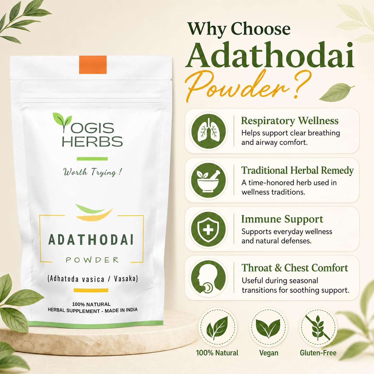 YOGIS HERBS Adathodai Powder Adhatoda vasica/Vasaka/Adusa/Malabar Nut, 16 oz