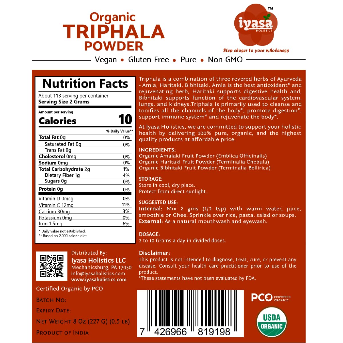 Iyasa Holistics Organic Triphala Powder, 8 Ounce