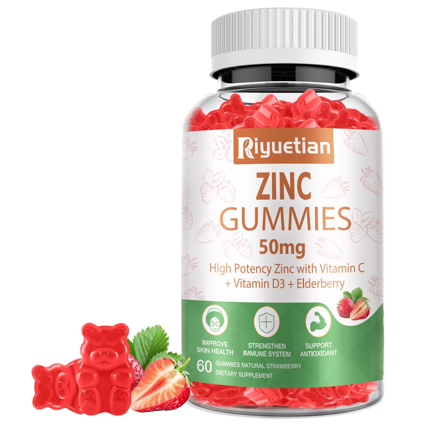 Riyuetian Zinc Gummies 50mg High Potency Zinc with Vitamin C + Vitamin D3 + Elderberry Immune Health Support, Vegan, Non-GMO, Gluten Free, 60 Gummies