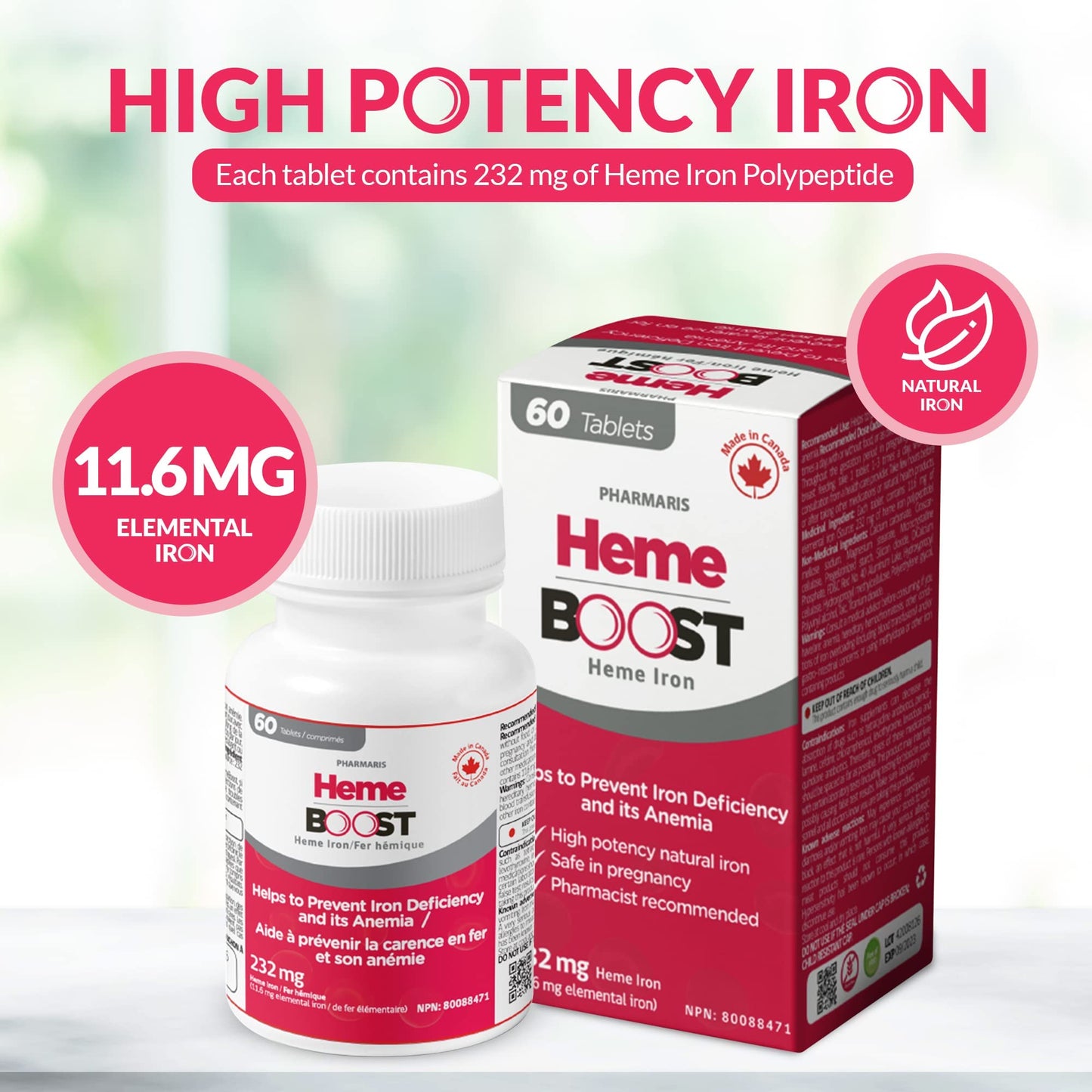 HEME BOOST Hemeboost 11.6mg (232mg Heme Iron) High Potency Iron Tablet, 60 Tablets