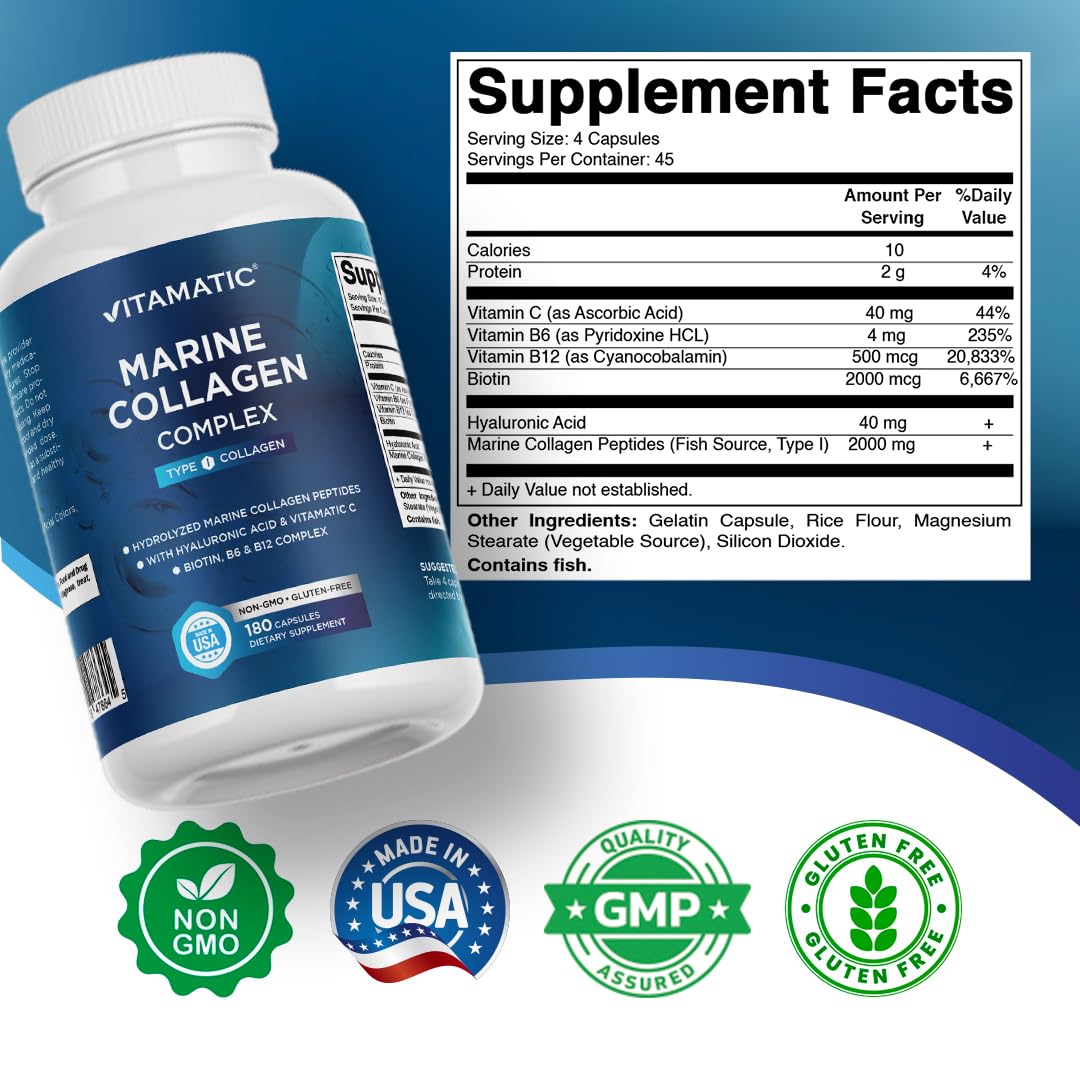 Vitamatic Marine Collagen Complex Type I 2000 mg per Serving with Hyaluronic Acid, Vitamin C, Biotin, B6 & B12 – 180 Capsules