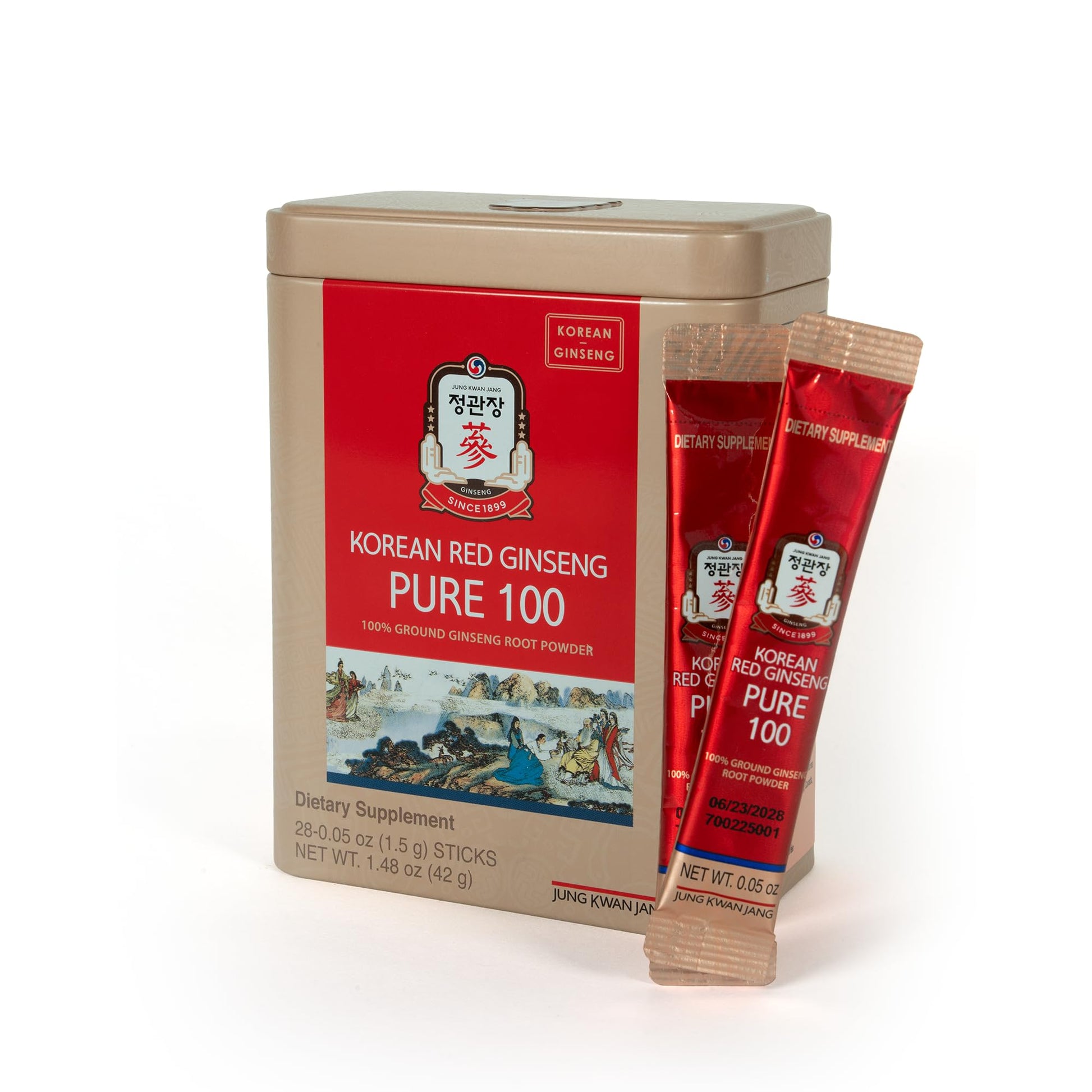 Jung Kwan Jang Korean Red Ginseng Pure 100 Panax Ginseng Powder, 28 Sticks