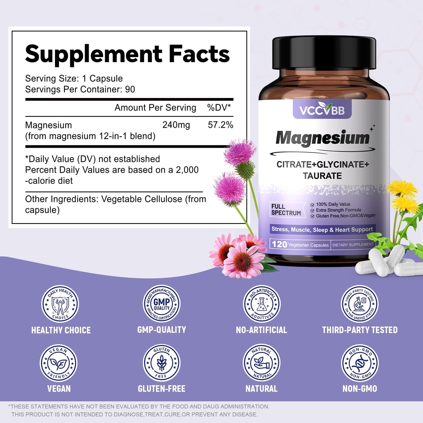 VCCVBB Magnesium Glycinate 500mg Elemental Magnesium Supplement Capsule, 120 Capsules