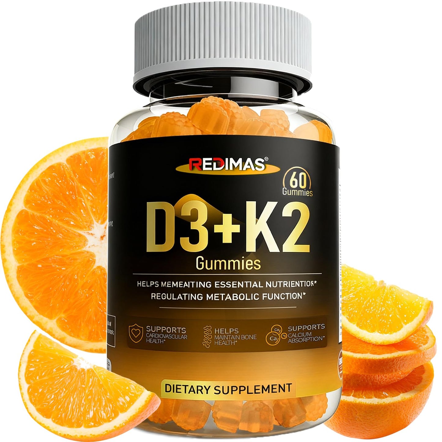 Redimas Calcium Gummies with Vitamin D3, K2 and Vitamin E, Chewable Calcium and Magnesium Supplement with Multi-Vitamin Complex, 60 Gummies
