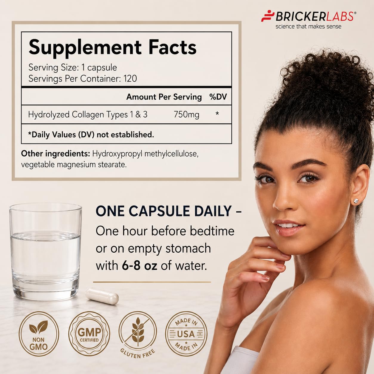 Bricker Labs Collagen for Men & Women - Type I, III Hydrolized Collagen Supplement 750mg Capsule 120 Servings