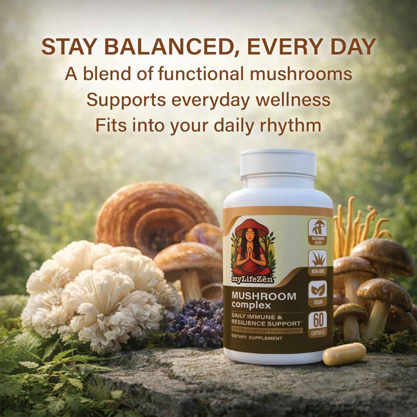 MyLifeZen 7 Mushroom Complex Organic Mushroom Mycelium Blend with Lion's Mane, Reishi, Chaga, Turkey Tail, Maitake, Shiitake & Cordyceps, 60 Capsules