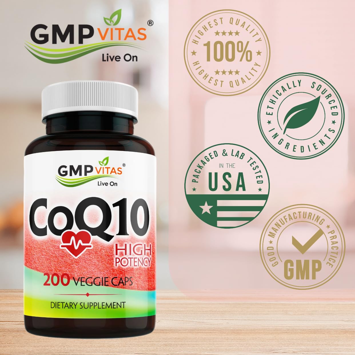 GMP Vitas CoQ10 500mg High Potency Coenzyme Q10 Supplement Capsule, 200 Capsules