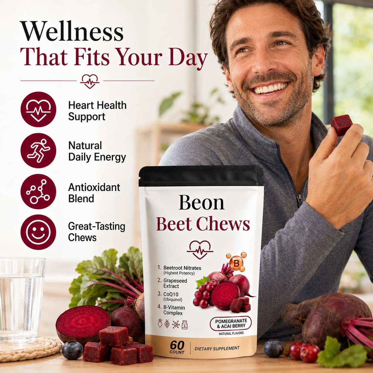 puyode Beon Beet Chews Gummies with Grape Seed & L-CoQ10 for Calm Mood, Free Vegan, 60 Chews
