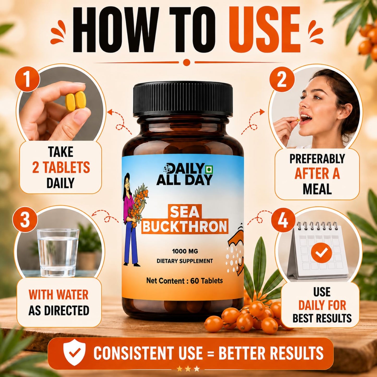 Daily All Day Sea Buckthorn Omega-7 1000mg Vegan Plant-Based Omega 3-6-7-9 & Antioxidants for Skin, Hair & Nails, Berry Extract Superfruit, Non-GMO, 60 Tablets