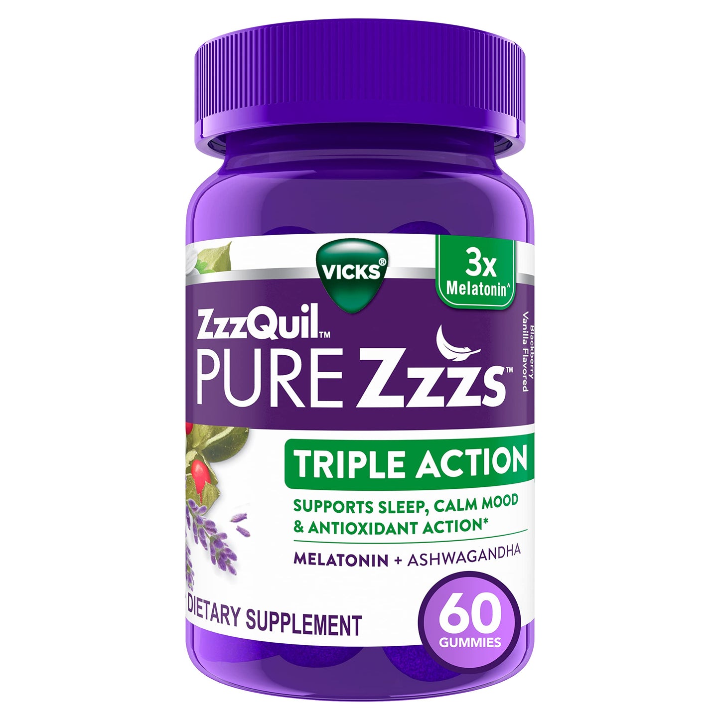 ZzzQuil PURE Zzzs Triple Action Melatonin Gummies 6mg with Ashwagandha, 90 Gummies