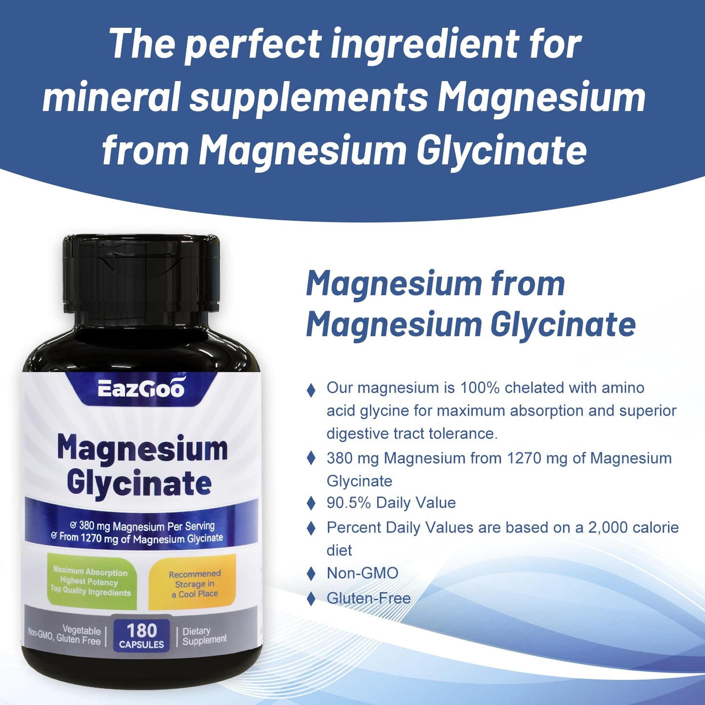 EAZGOO Magnesium Glycinate Capsules 180 Count
