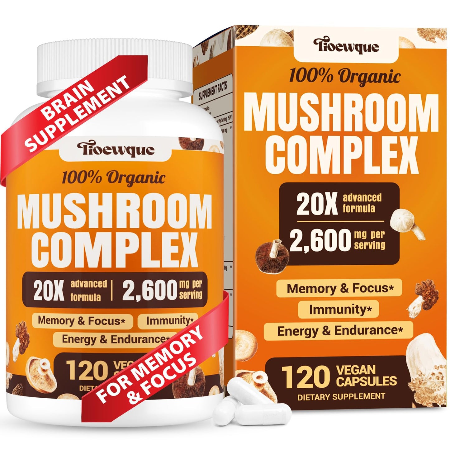 Tioewque Brain Supplements for Memory and Focus Mushroom Capsule, 20 in 1 Complex with Lions Mane, Reishi, Turkey Tail, Cordyceps, Shiitake, 120 Capsules