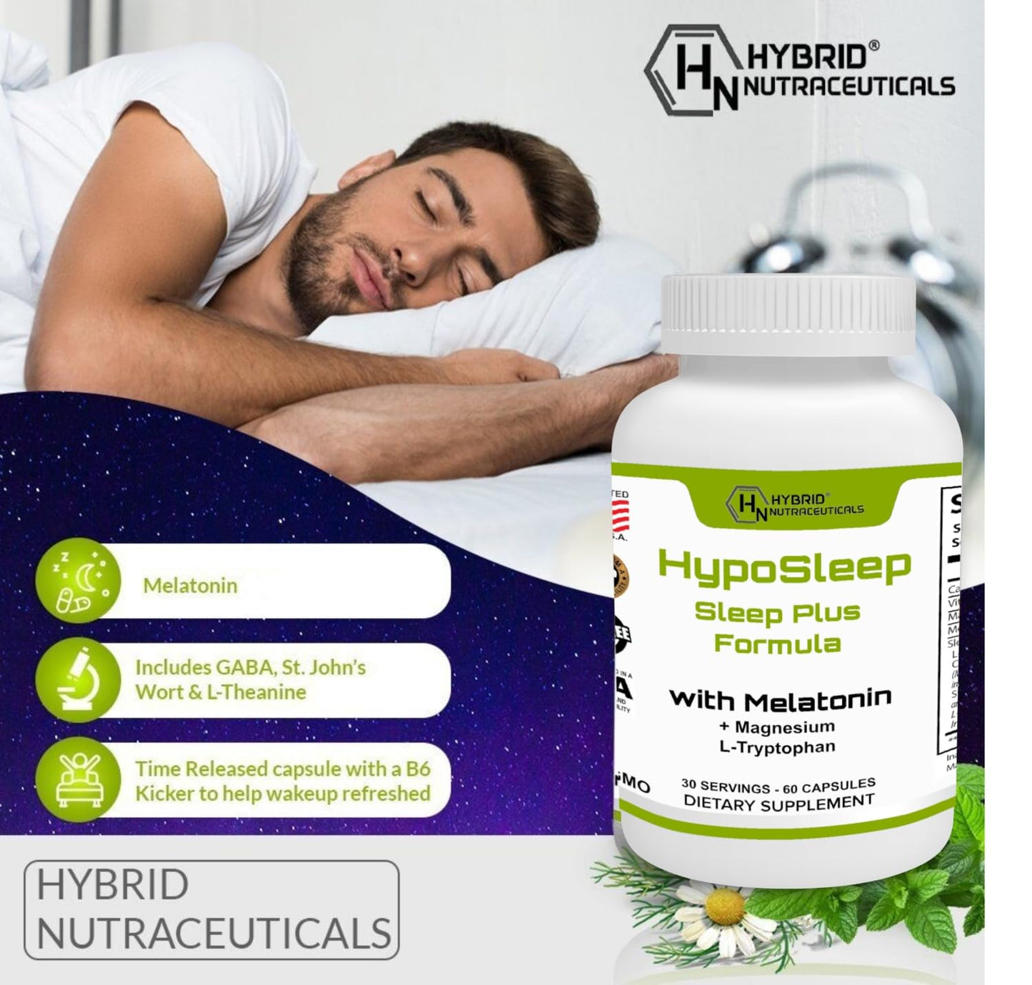 Hybrid Nutraceuticals HypoSleep with 10 mg Melatonin, 905 mg Sleep Plus Formula for Adults - Support Sleep & Relaxation, 5-HTP Supplement, Nighttime Sleep Aid, 60 Capsules