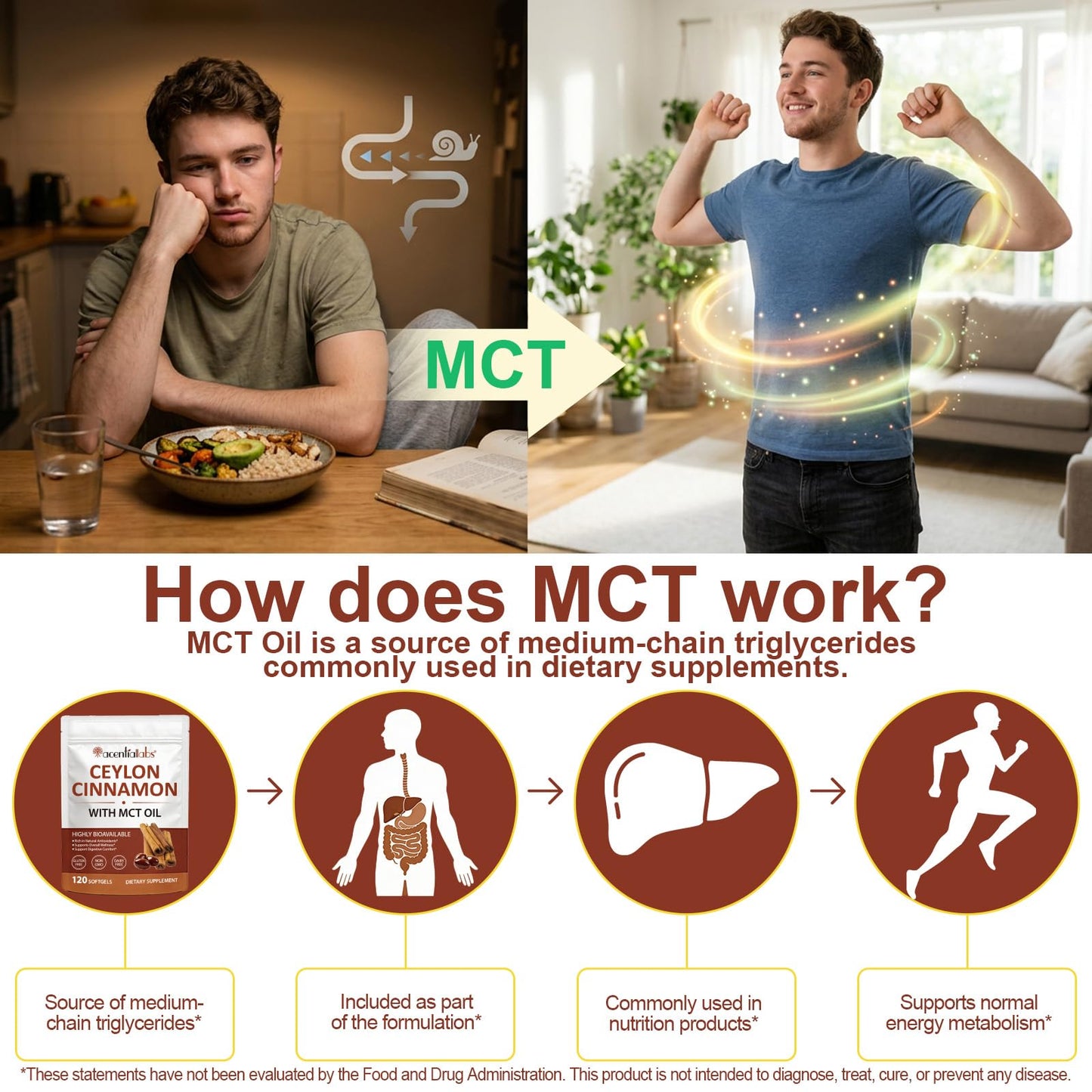 TAKNFDMY Ceylon Cinnamon Capsules with MCT Oil - 600mg True Cinnamon Extract Supports Digestive Comfort & Antioxidant - Non-GMO, Gluten-Free - 120 Capsules
