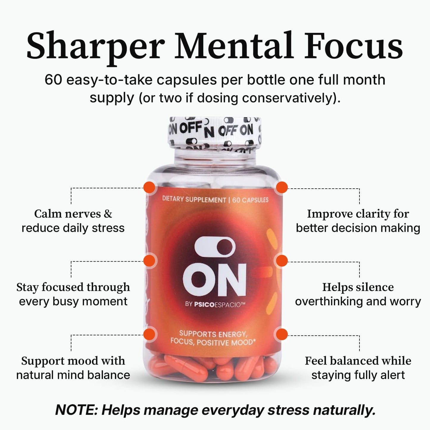 ON BY PSICOESPACIO All day Energy Pills for Adults Natural Energy Supplement Supports Energy, Focus and Positive Mood Capsules 60 Count
