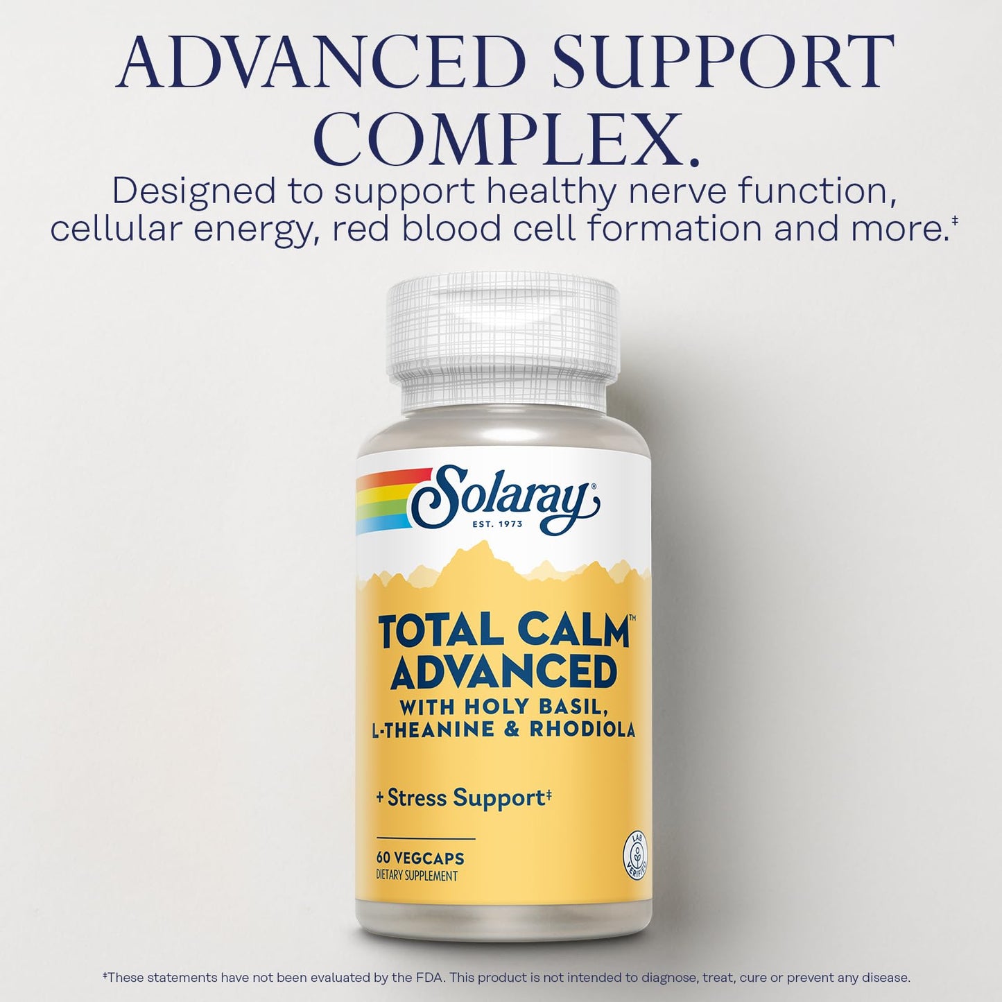SOLARAY Total Calm Advanced Nervous System Health and Cellular Energy Support with Holy Basil L-Theanine Rhodiola Rosea Vitamin B12 and Ginseng Capsules, 60 Count
