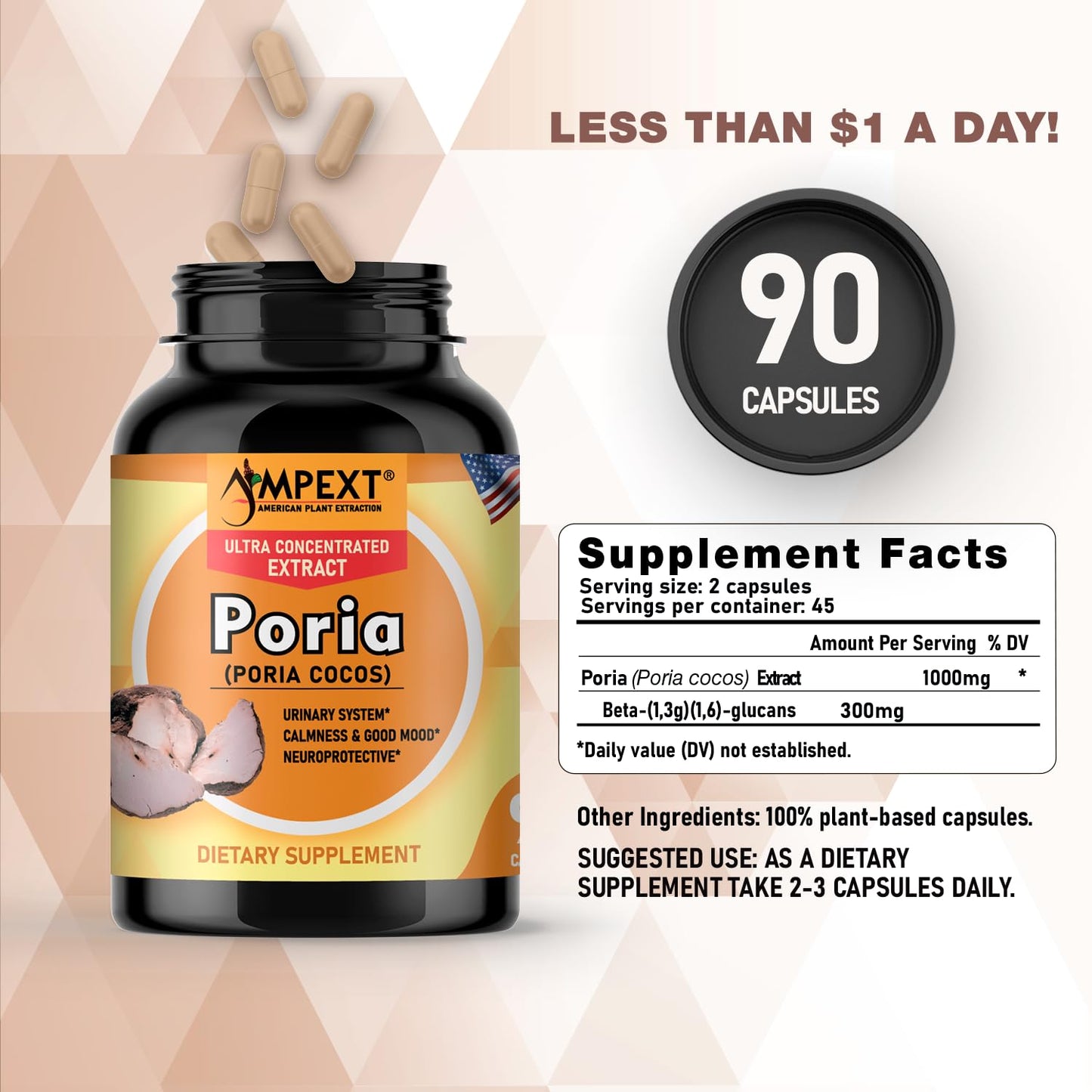 AMPEXT Poria Cocos Mushroom Extract Capsules, 90 Veg Caps