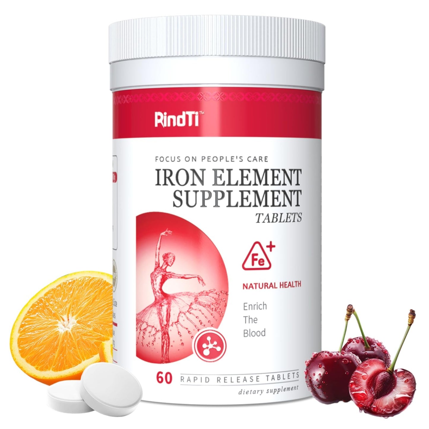 RindTi Gentle Iron Supplement Tablets for Women and Adults, 60 Tablets