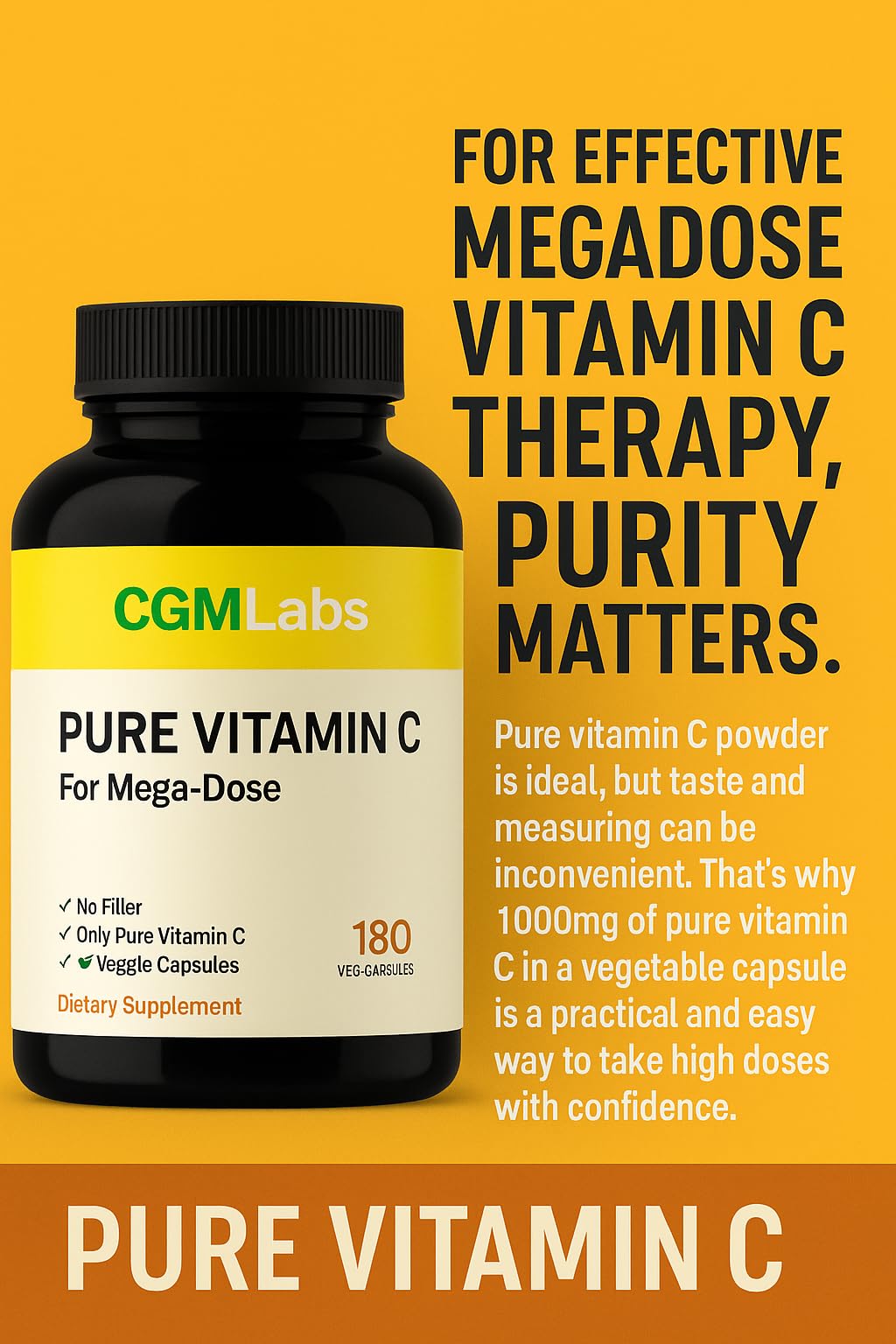 CGMLABS Mega Dose Pure Vitamin C 1000 mg Capsules, 180 Count