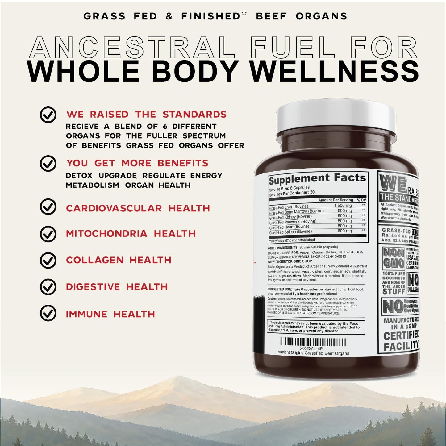Ancient Origins Grass Fed Beef Organs Supplement 4500 mg Desiccated Liver, Bone Marrow, Heart, Spleen, Pancreas & Kidney Capsules, 180