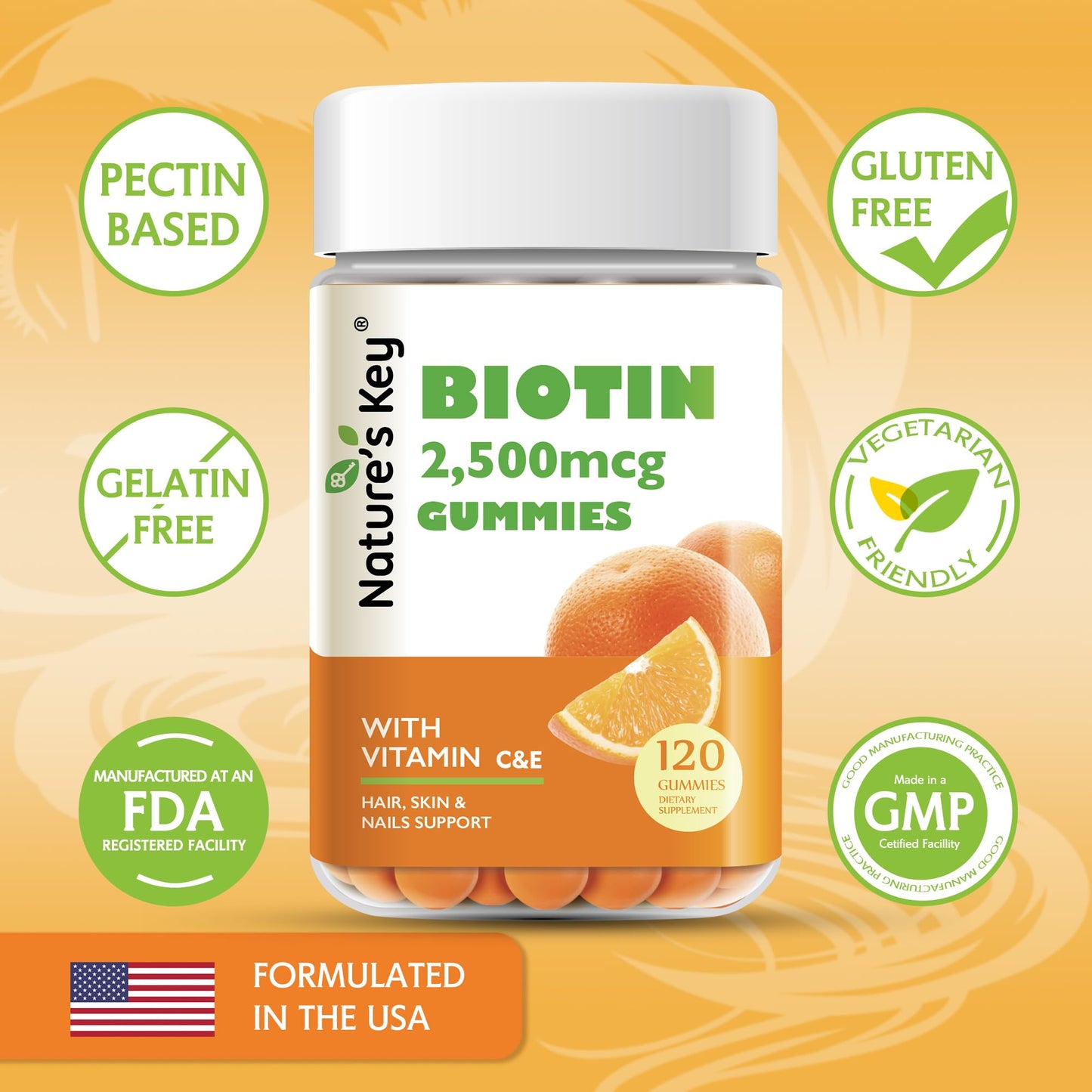 Nature's Key Biotin Gummies with Vitamin C and E for Hair, Nails and Skin, Vegan Orange Flavor, 120 Gummies