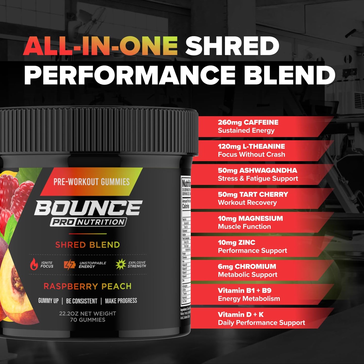 Bounce Pro Shred Blend Pre Workout Gummies, 70 Count