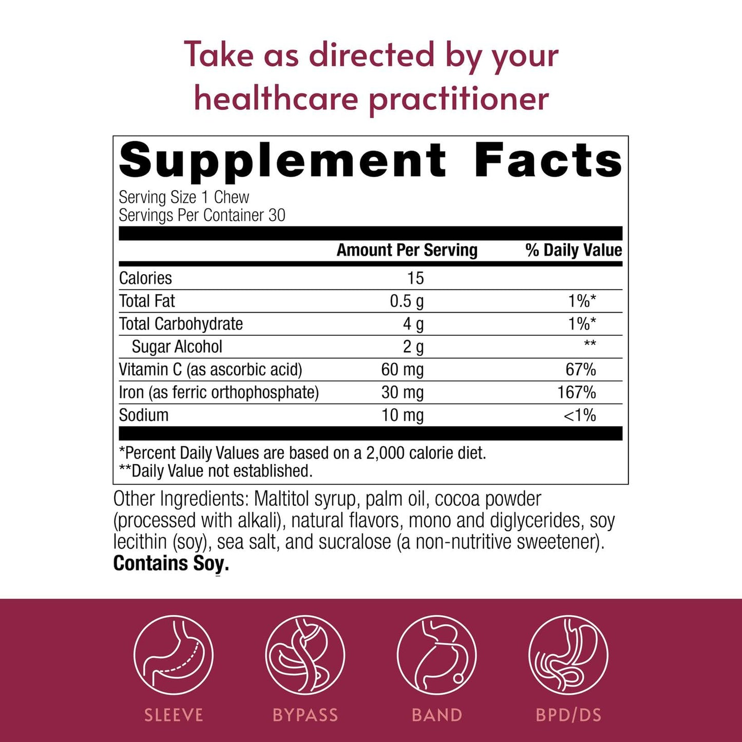 Bariatric Advantage Iron 30 mg Chewable with Vitamin C, Chocolate Raspberry, 30 Count