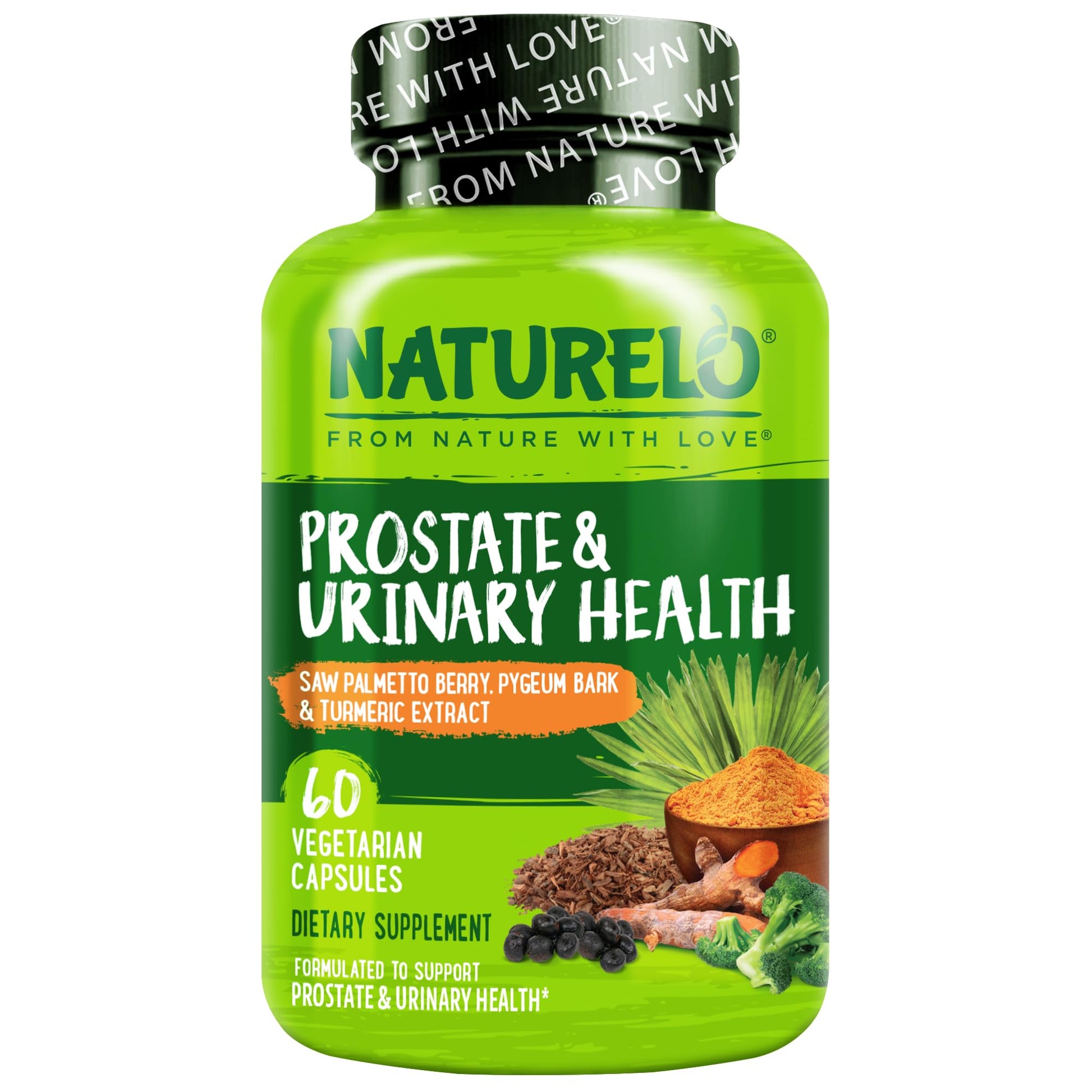 NATURELO Prostate & Urinary Health Comprehensive Formula with Saw Palmetto, Pygeum, Turmeric, Plant Sterols, Broccoli and Lycopene, 60 Vegetarian Capsules