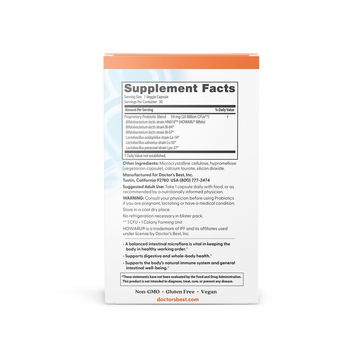 Doctor's BEST Digestive Probiotic Capsules 20 Billion CFU, 30 Veg Caps