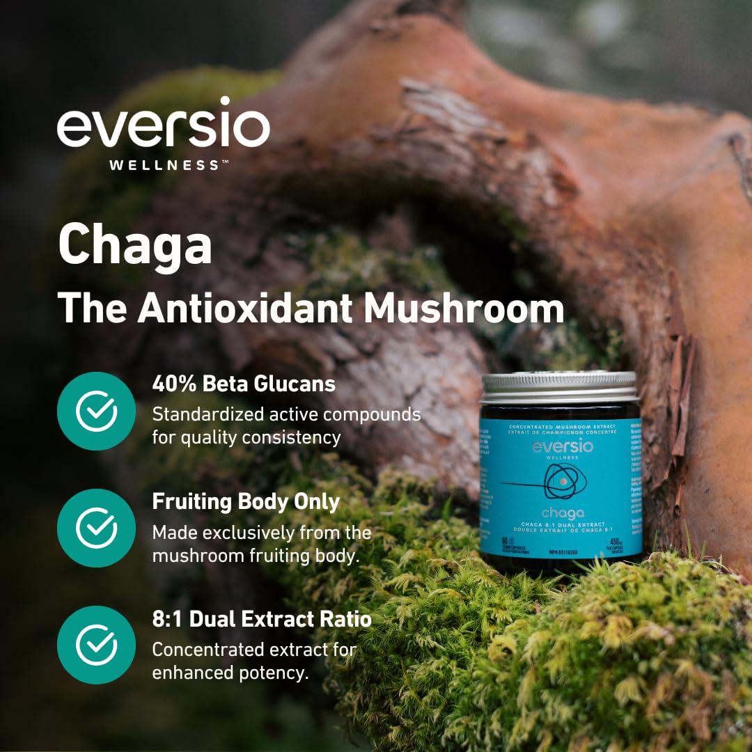 Eversio Wellness Organic Chaga 8:1 Dual Extract, 450mg per Capsule, 60 Capsules