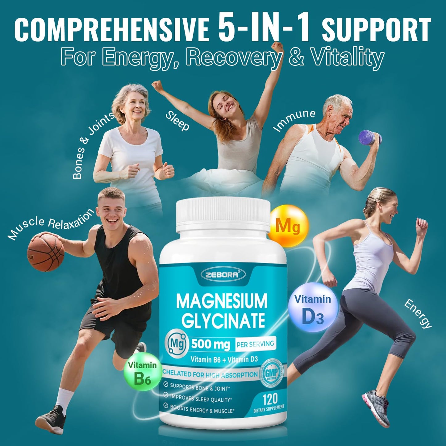 ZEBORA Magnesium Glycinate 500mg Capsules, 120 Capsules