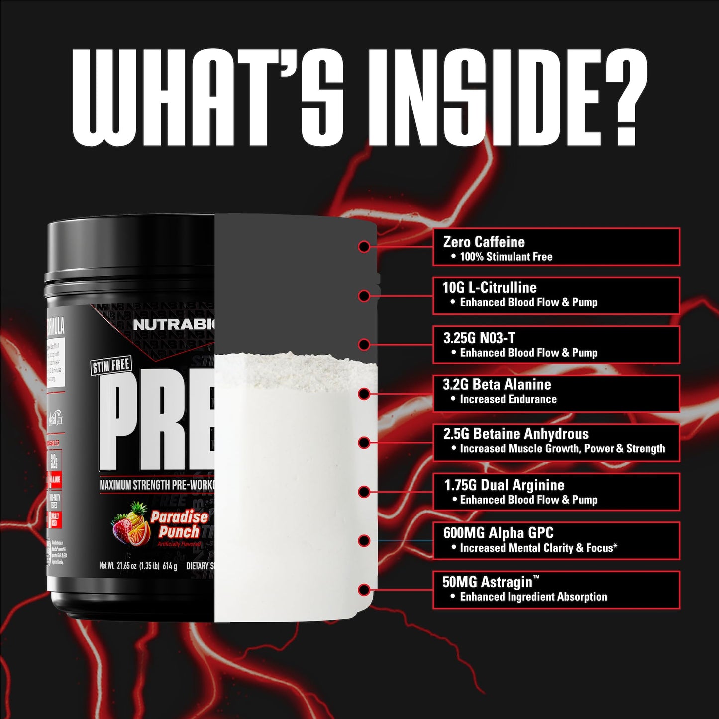 NutraBio STIM-Free PRE Workout for Men Powder, Paradise Punch, 20 Servings