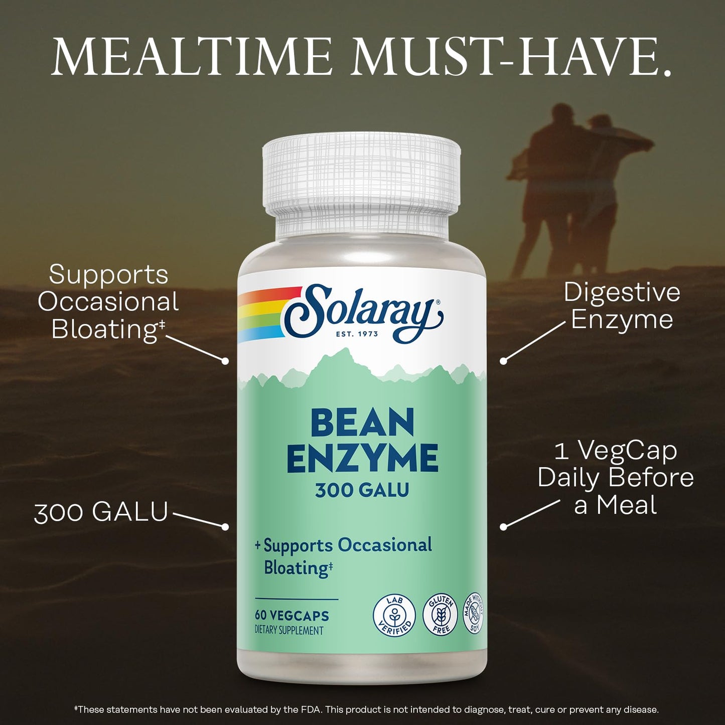 Solaray Bean Enzyme 300 GalU Alpha-Galactosidase Digestive Enzymes for Women and Men Digestive Health Supplement Supports Occasional Bloating for Adults, 60 Capsules