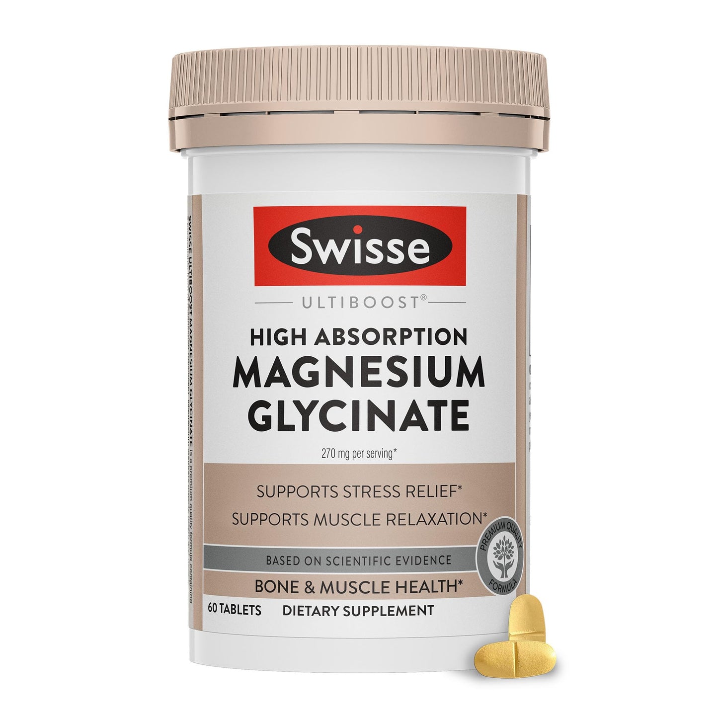 Swisse Magnesium Glycinate 270mg Per Serving High Absorption Magnesium Glycinate Supplement, 60 Tablets