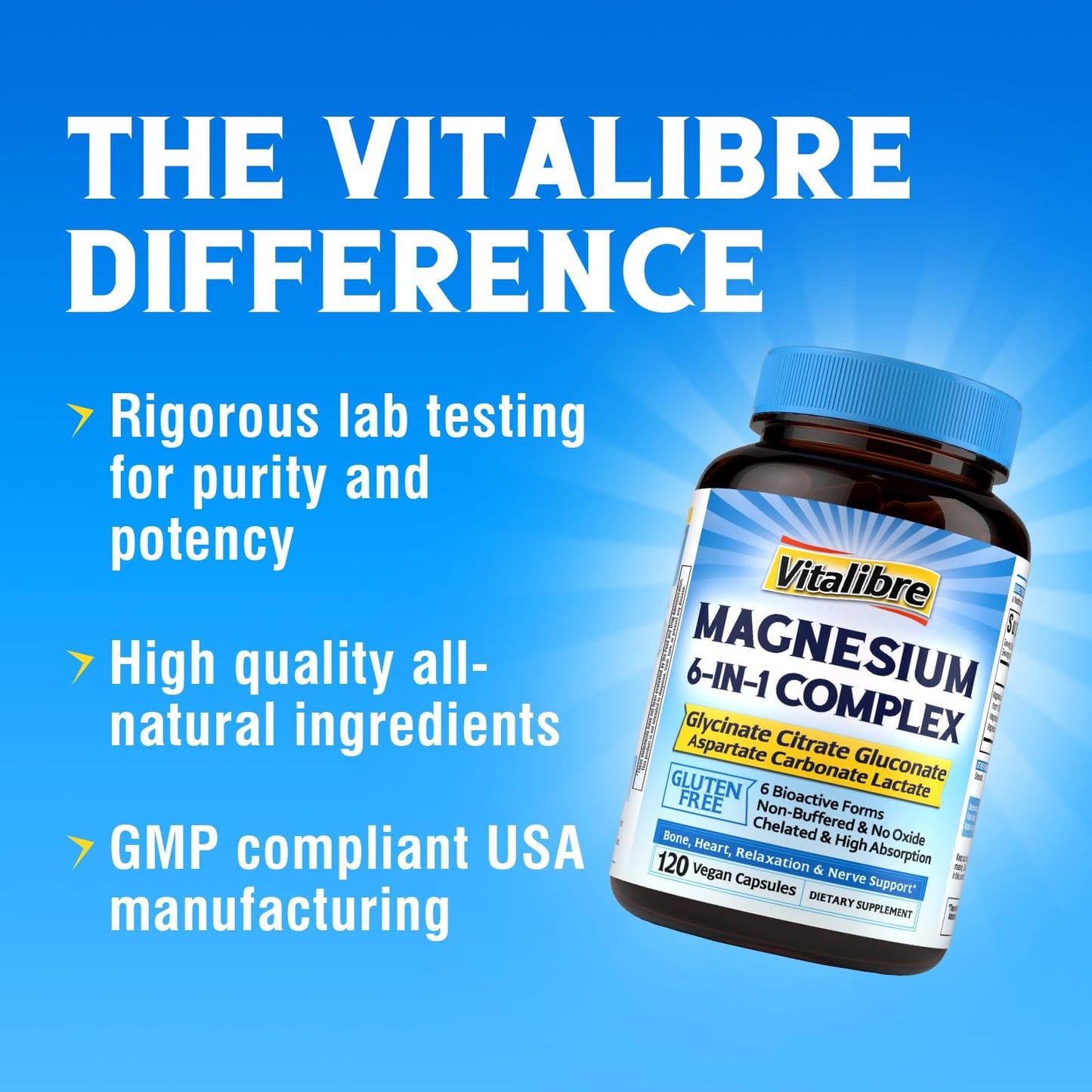 Vitalibre 6 in 1 Magnesium Complex for Women and Men, 260mg Elemental Magnesium 120 Capsules