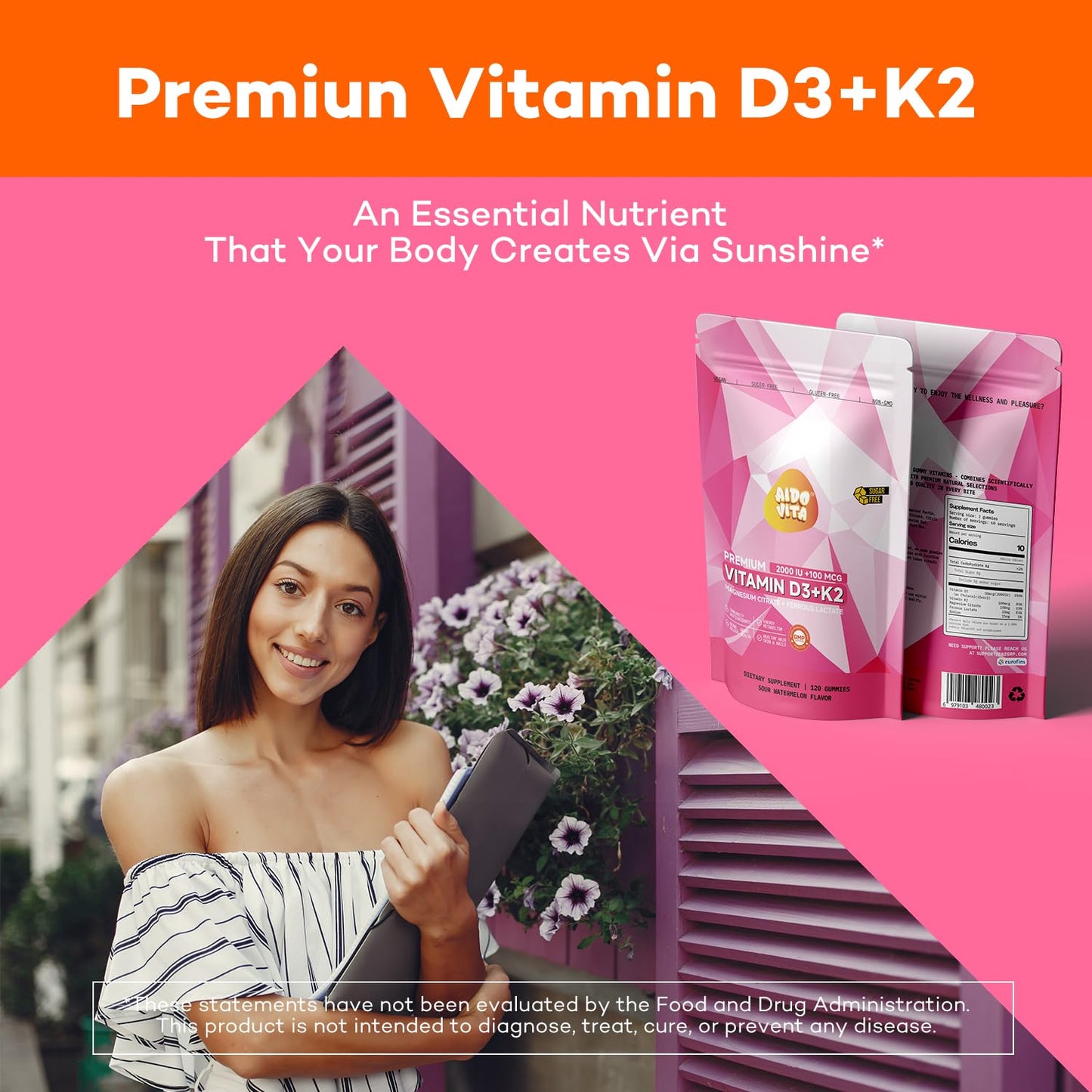 AIDO VITA Premium Vitamin D3 + K2 Gummies with Iron & Magnesium - Sour Watermelon Flavor - Immune, Bone & Heart Support - Vegan, Pectin-Based, Gluten-Free 120 Gummies