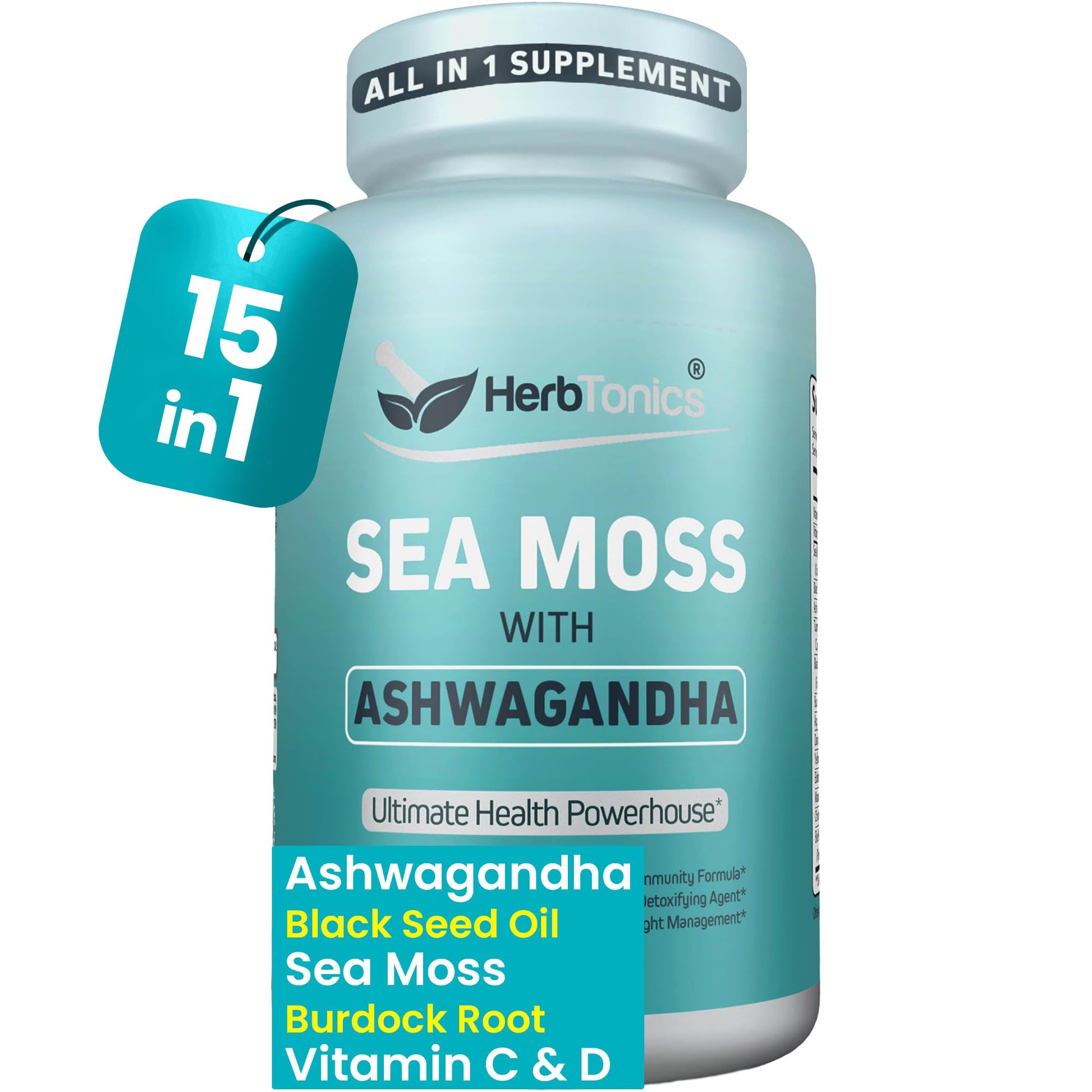 Herbtonics Sea Moss, Black Cumin Seed, Ashwagandha, Burdock Root & ACV Complex Capsule, 60 Count