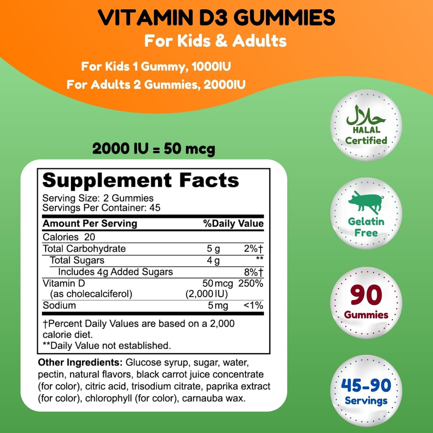 SHIFAA NUTRITION Vegetarian Vitamin D3 Gummies for Adults & Kids, 90 Count