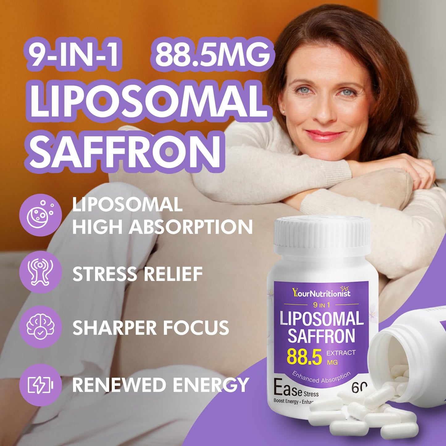 Your Nutritionist 9-in-1 Liposomal Saffron Supplement 88.5mg, Sleep & Eye Support Capsules, 60 Count