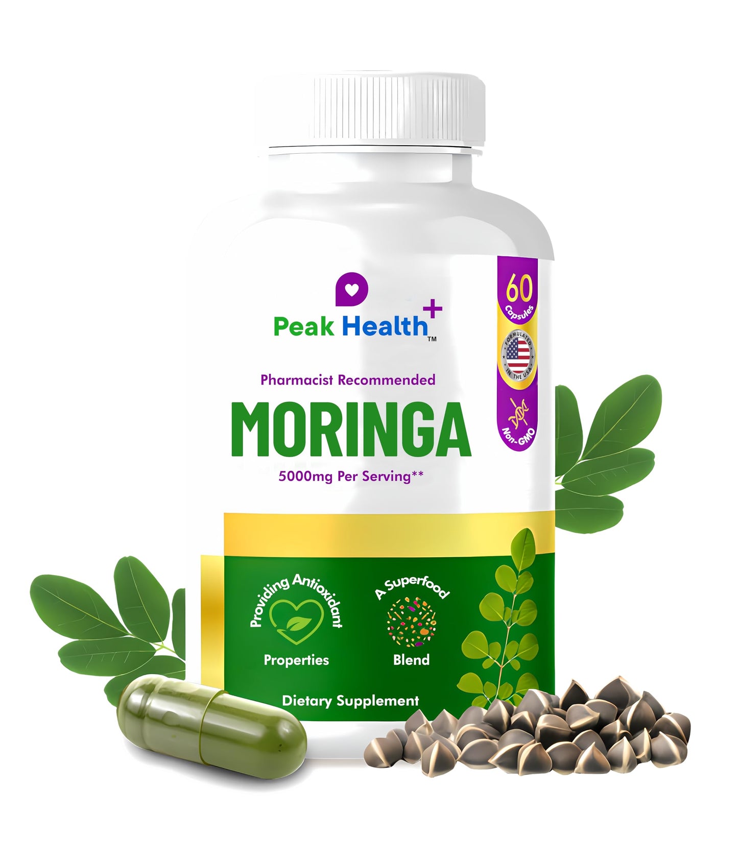 Peak Health Moringa Daily Stress & All-Day Energy Support Capsule, 60 Count
