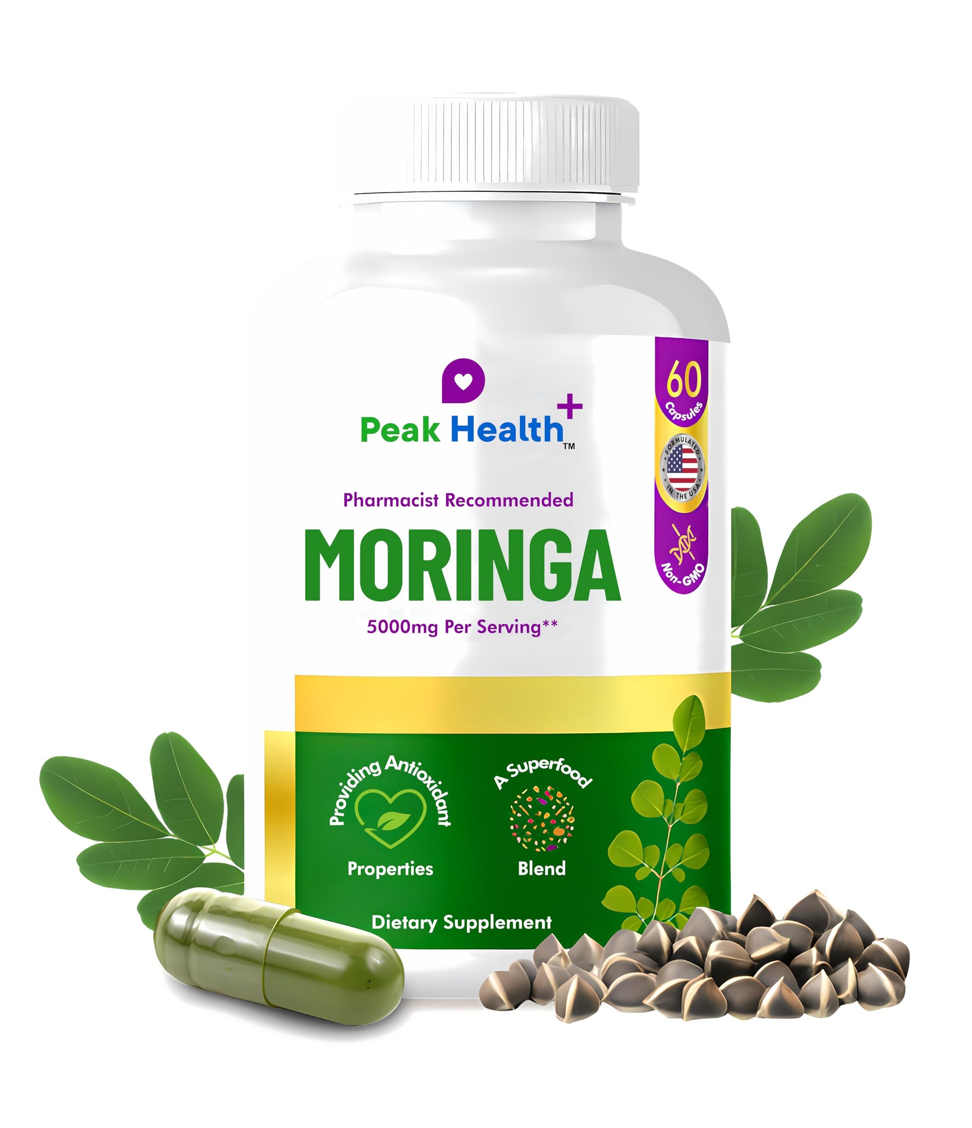 Peak Health Moringa Daily Stress & All-Day Energy Support Capsule, 60 Count