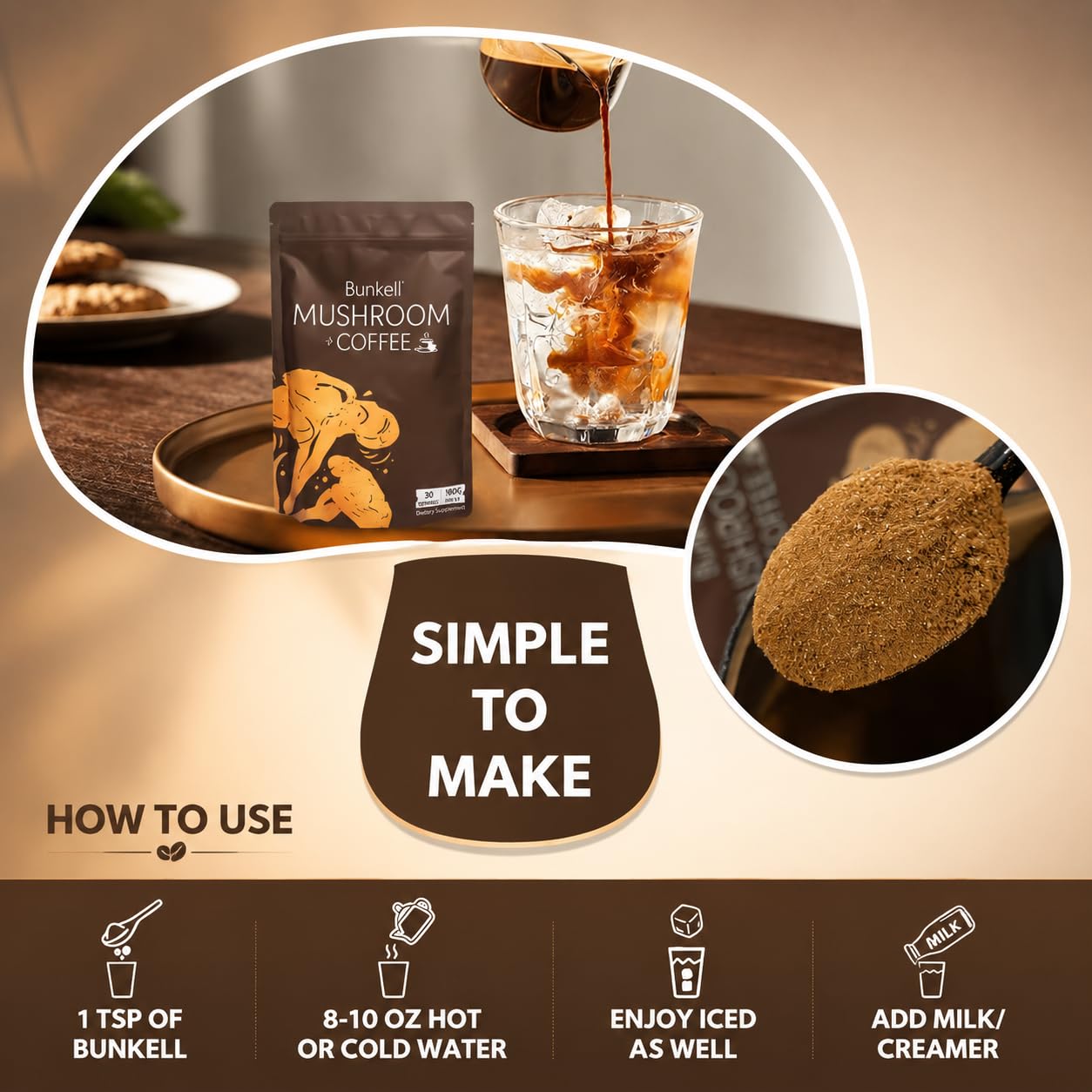 Bunkell Mushroom Coffee Powder with 6 Adaptogenic Mushrooms (Lion's Mane, Reishi, Cordyceps, Shiitake, King Trumpet & Turkey Tail) 6.35 Ounce