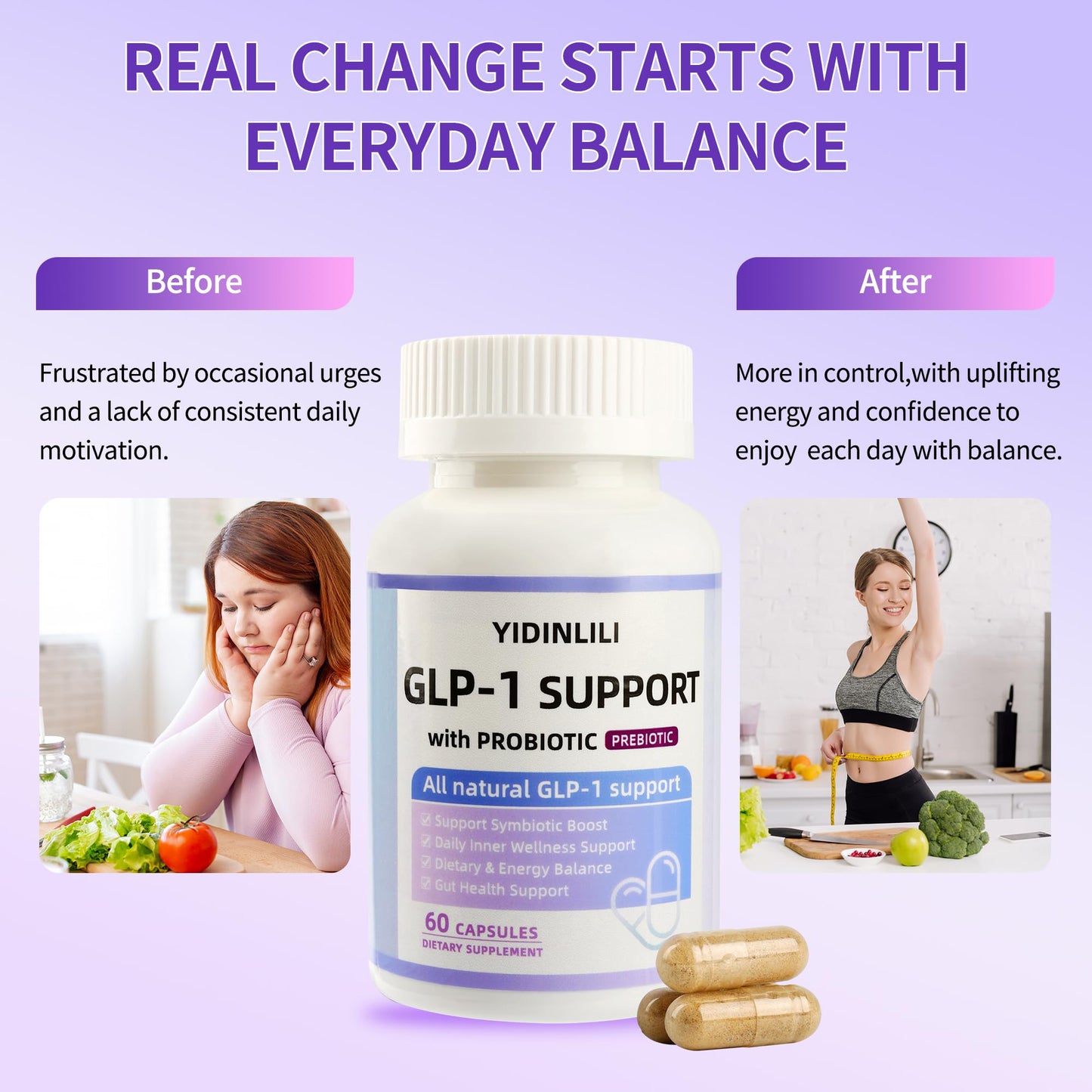 YIDINLILI GLP-1 Supplement for Women and Men Metabolic Support with Probiotic and Prebiotic, 60 Capsules
