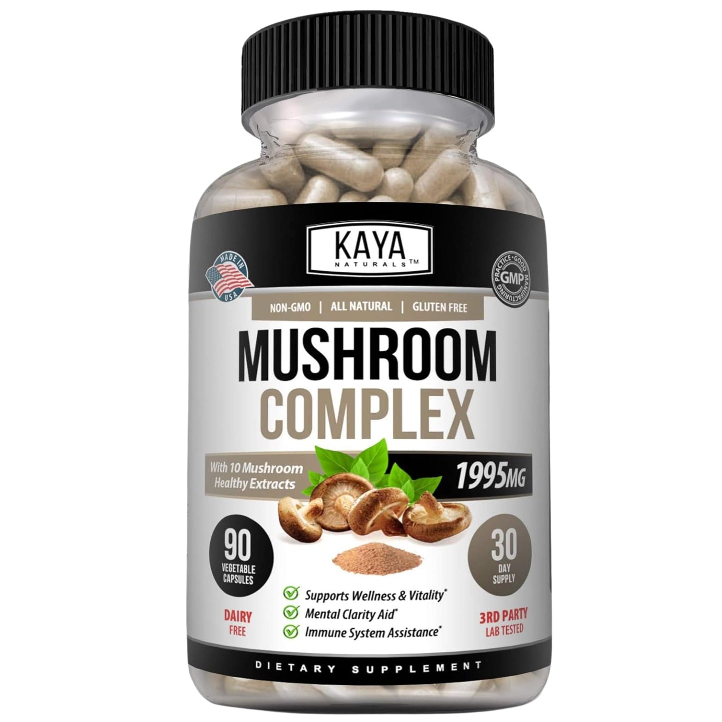 Kaya Naturals Mushroom Complex 1995mg Per Serving Capsule, 90 Capsules, Non-GMO, Gluten-Free, Wellness Support