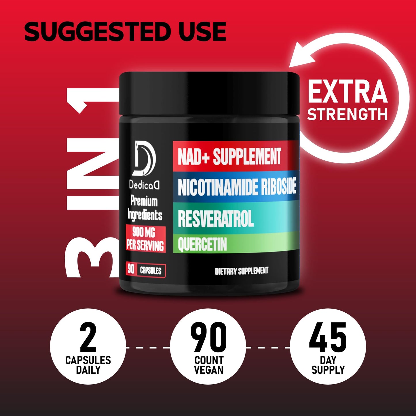 DEDICAD NAD Liposomal Nicotinamide Riboside 900mg NR, Resveratrol & Quercetin, 90 Capsules