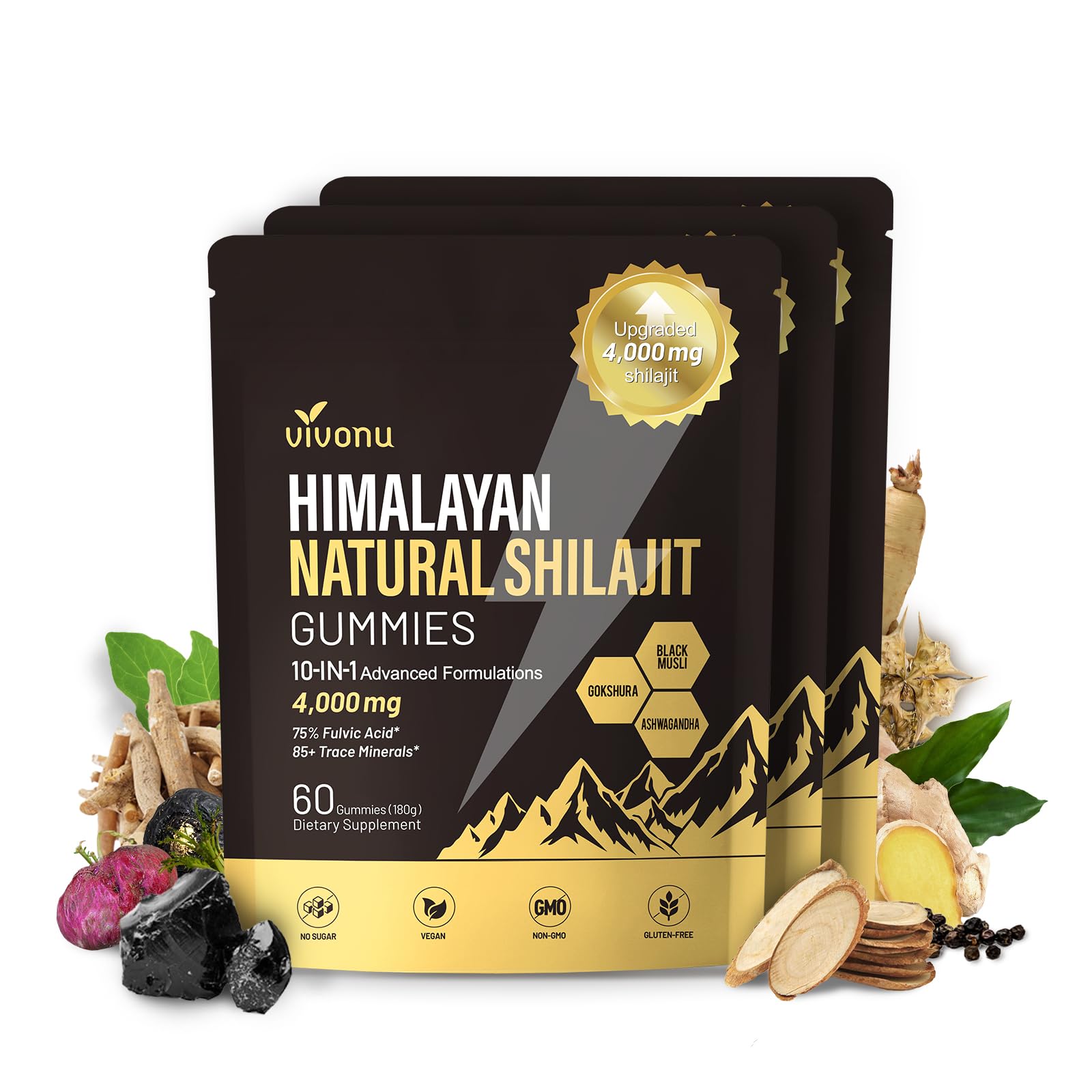VivoNu Himalayan Shilajit Gummies with Ashwagandha & Gokshura, 60 Gummies