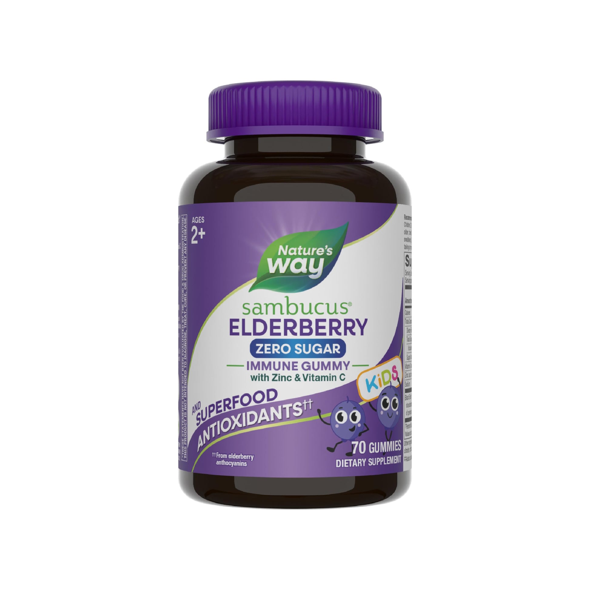 Nature's Way Sambucus Zero Sugar Elderberry Immune Gummies for Kids, Immune Support*, with Vitamin C, Zinc, Black Elderberry Extract, 70 Count