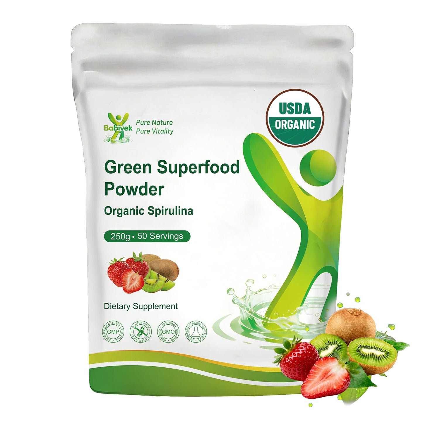 Babivek Spirulina Powder USDA Organic Strawberry Kiwi Flavor Super Green Superfood, 8.82 Ounce